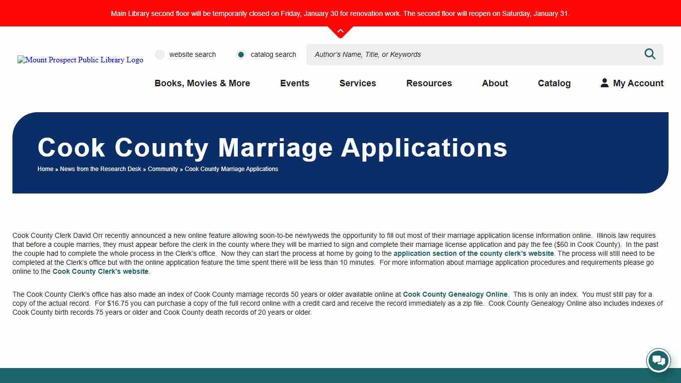 Cook County Marriage Applications - Mount Prospect Public Library
